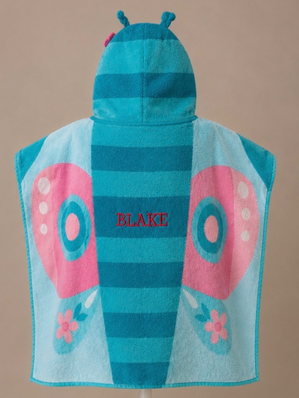 Kids Personalized Butterfly Hooded Bath Beach Towel “Blake” Aqua Pink